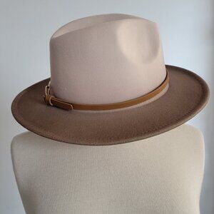 Chic Two-Tone Fedora Hat w/Faux Leather Band with Gold Metal Loop Detail